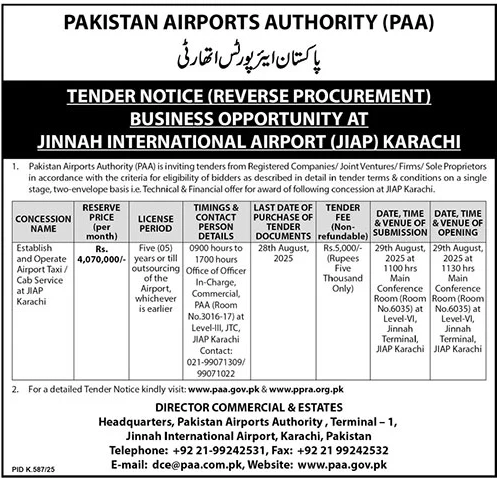 Pakistan Airports Authority Karachi Tender Notice